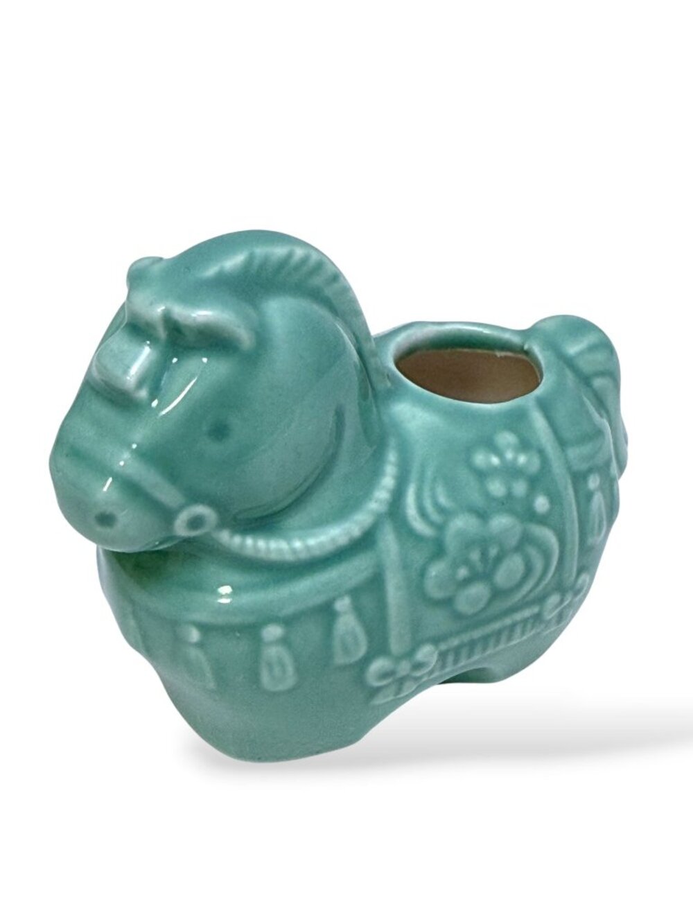 Miniature Ceramic Horse Figurine Toothpick Holder Celadon Green Japanese Zodiac